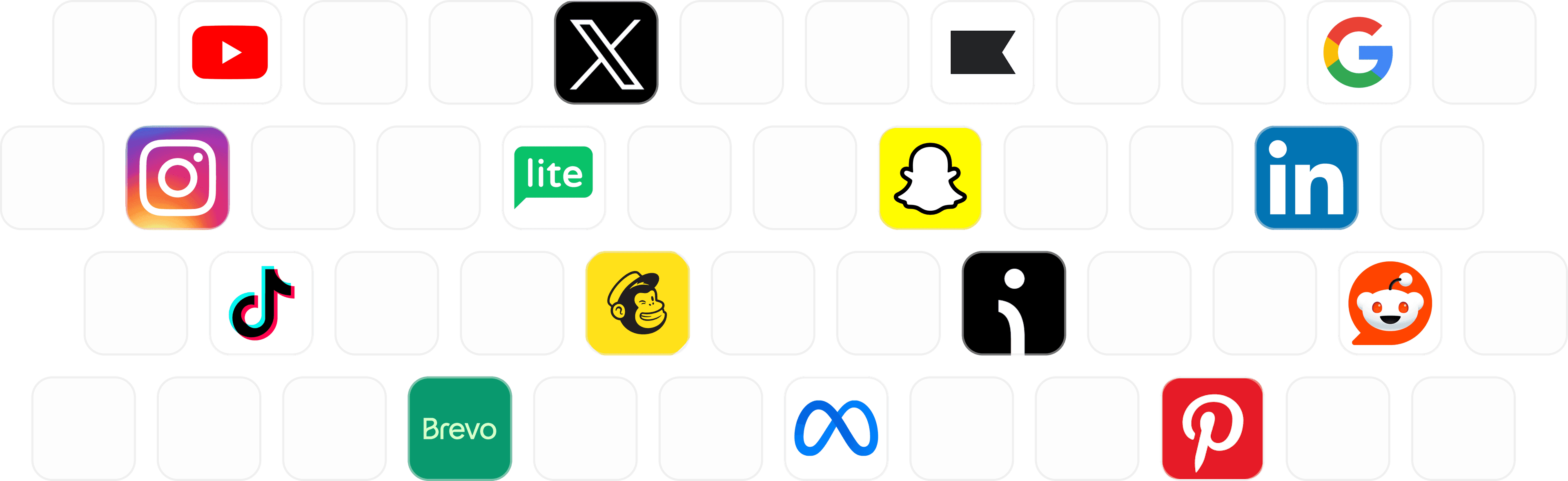 Logos de integraciones: Instagram, TikTok, LinkedIn, Snapchat, YouTube y más
