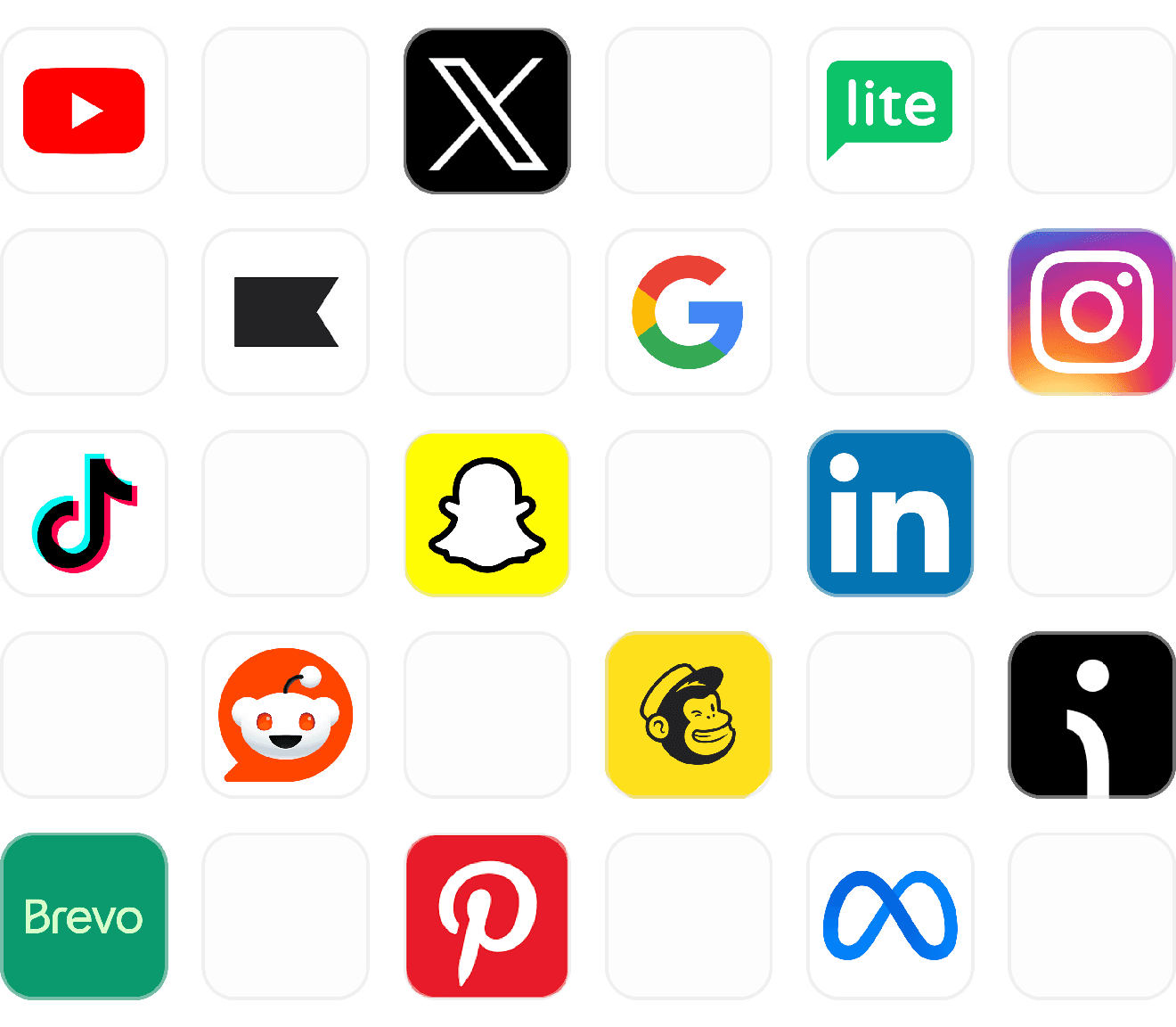 Logos de integraciones: YouTube, X, Instagram, TikTok, LinkedIn, Klaviyo, Google y más